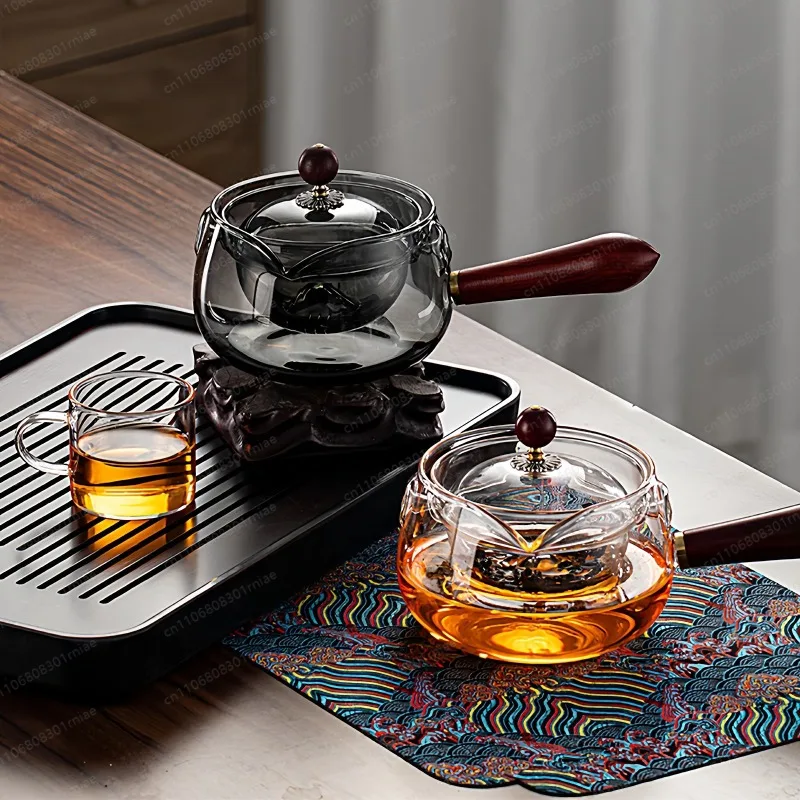Side handle Xiaoyao pot Household high temperature resistant glass teapot Single pot Rotating small green orange tea set