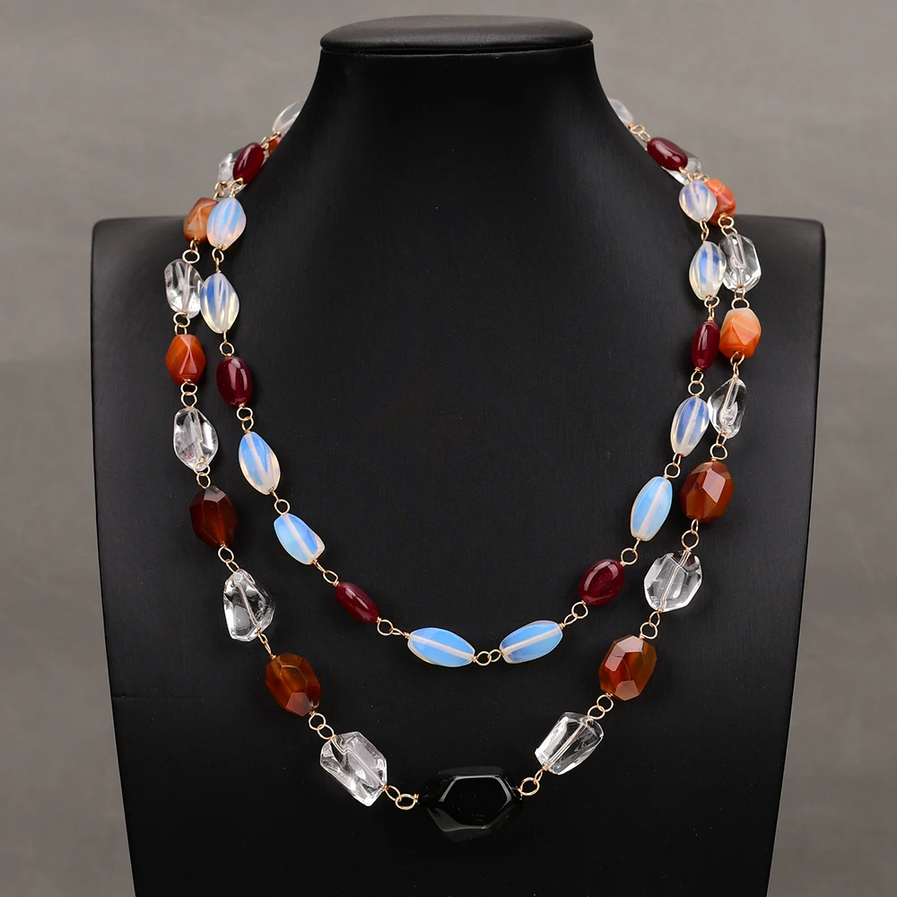 GG 18-21'' 2 Rows Natural Stone Multi Gems Red Agate White Opal Clear Quartz Necklace Handmade Lady Jewelry