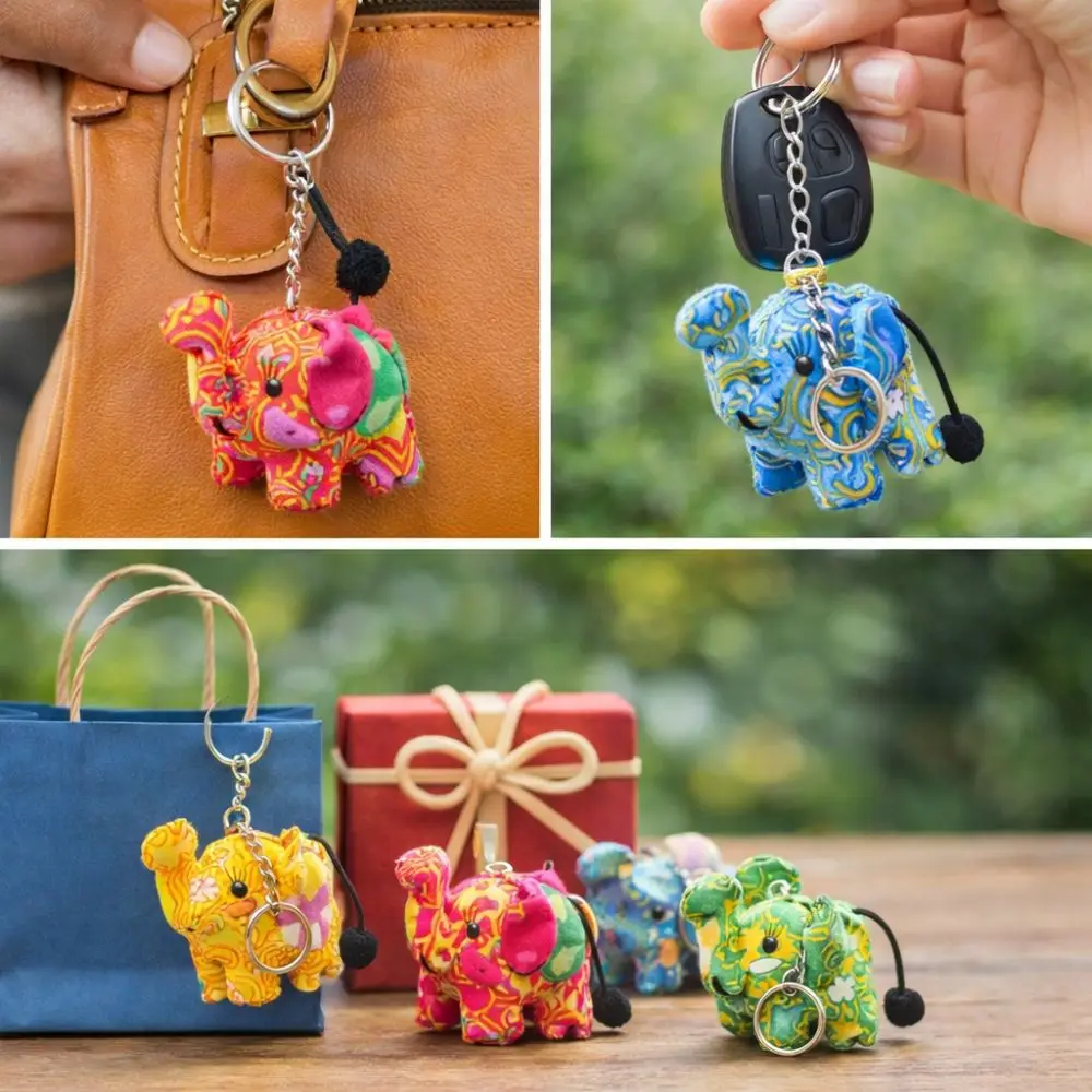 National Thai Fabric Elephant Keychain Handmade DIY Plush Pendant Random Color Animal Bag Pendant Charms Travel Gift