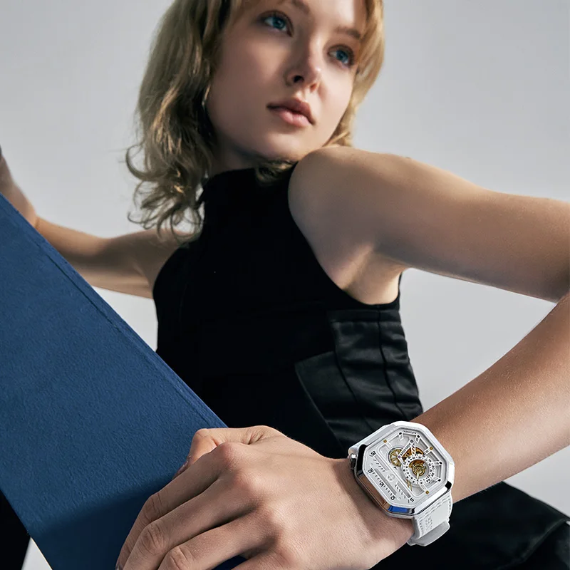 AGELOCER Original Racing Watch Women\'s Square Luxurious Hollow Big Dial Automatic Mechanical Watch Birthday Gift for Women