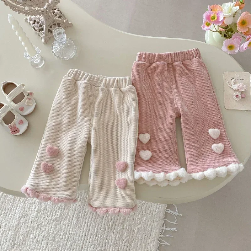 

Girls Heart Decorated Fleece Lined Pants Winter Casual Trousers Kids Warm Pastel Color Sweatpant