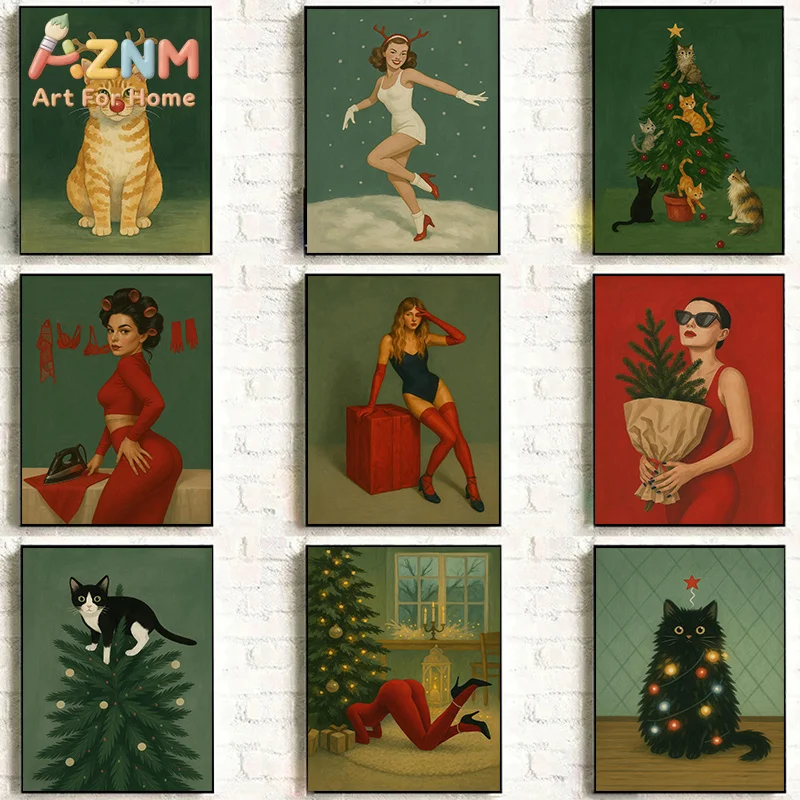 Minimalist Female Christmas Abstract Theme Green Background Poster Vintage Bold Feminine Canvas Paintings Wall Art Home Decor