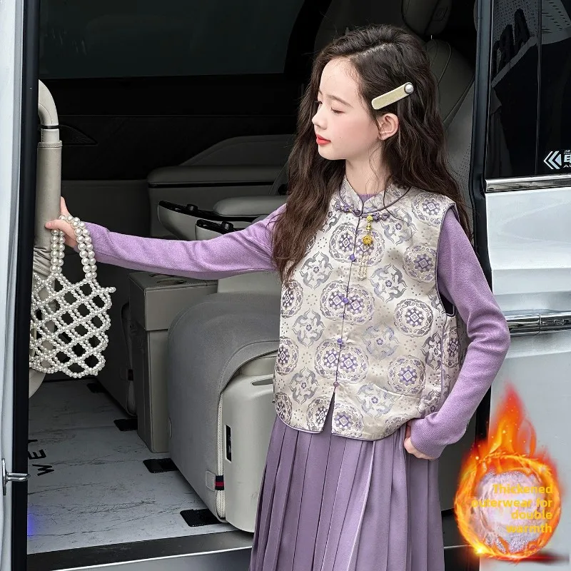 

2026 Girls Chinese Style Vest Set, Fleece-Lined Winter 3-Piece Outfit for Kids New Traditional Fashion New Arrival