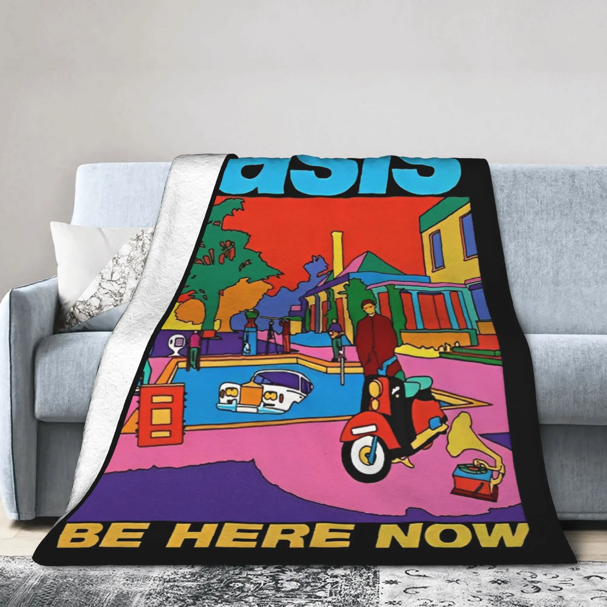 Be Here Now Illustration Rock Band  Blanket Flannel O-Oasis Ultra-Soft Throw Blanket for Car Sofa Couch Bed Rug
