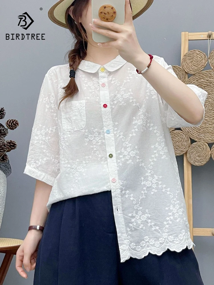 

New 2026 Summer Women Cotton Half Sleeve Shirt, Turn-down Collar Lace Embroidery, Mori Girl OL Casual Thin Loose Blouse T65425CC