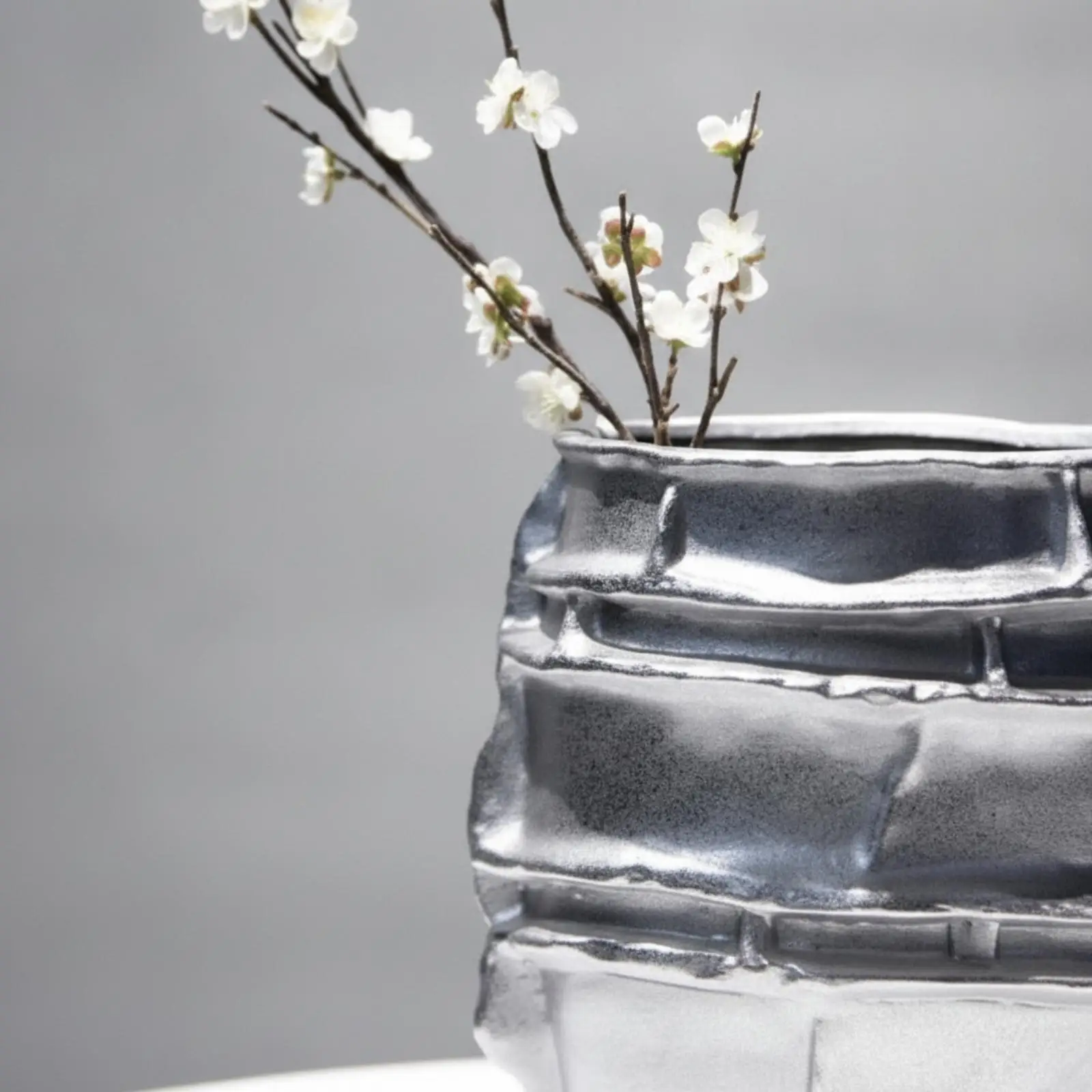 Ceramic Vase with Raised Bands Silver Vases Sculptural for Tabletop, Living Room