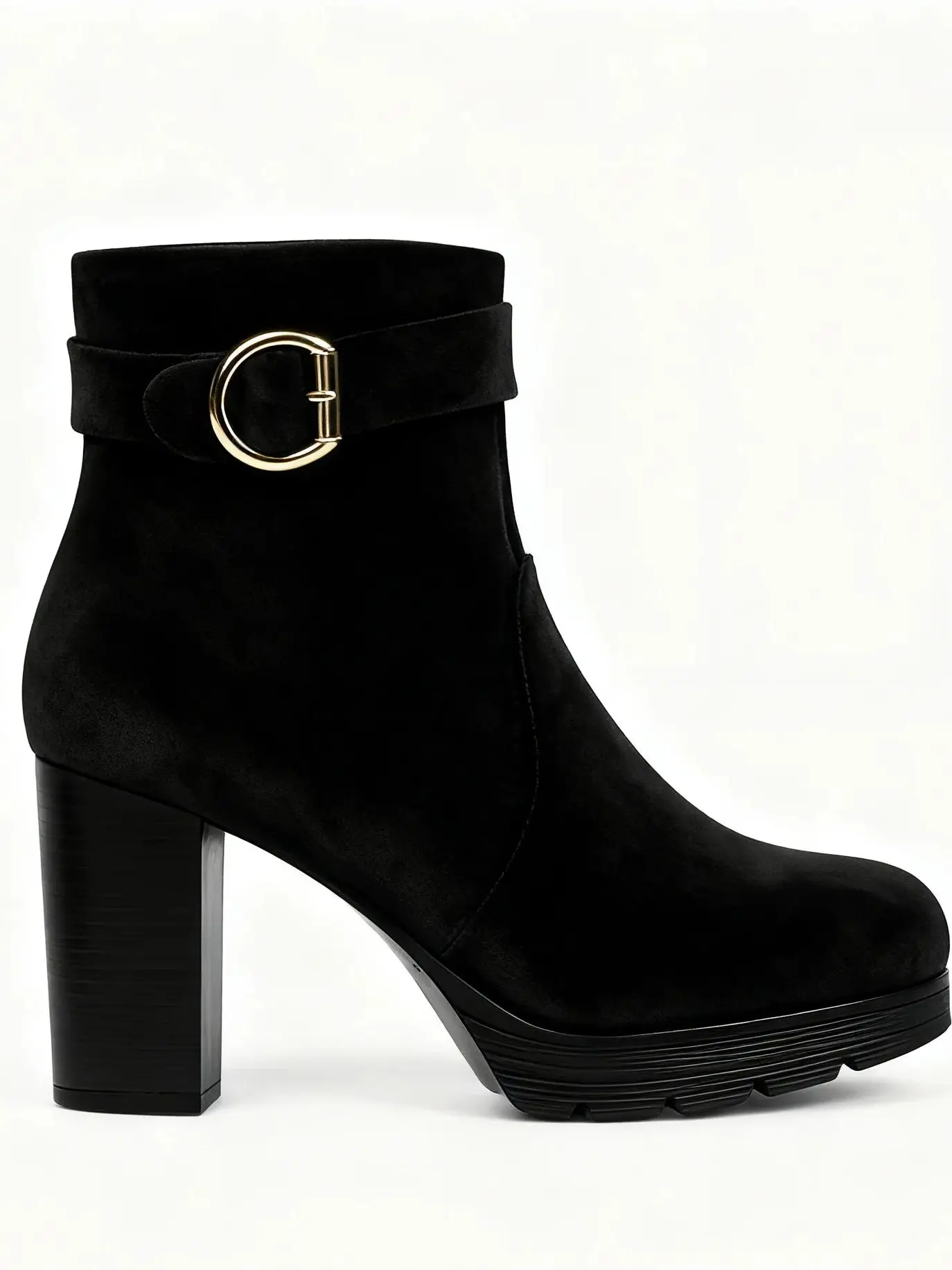 Bottines en daim noir pour femmes – Talon bloc épais avec boucle dorée (Bottines élégantes avec fermeture éclair latérale, talon bas confortable