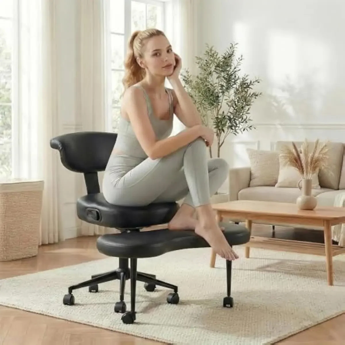 Ergonomic Active Sitting Chair with 360° Rotating Footrest, Cross-Legged Kneeling Design, High-Contour Lumbar Backrest, Steel Ba