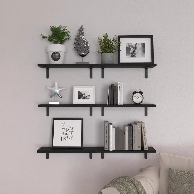 Floating Shelves Set of 6, Wood Rustic Farmhouse Shelves for Wall Decor, Bathroom Shelves, Book Shelves for Living Room-Black