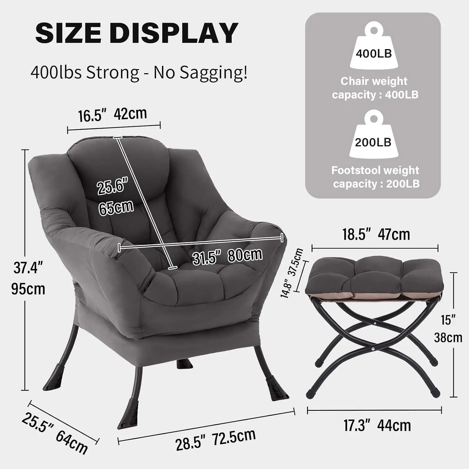 Lazy Chair With Ottoman Gray Modern Accent Chair Comfy Leisure Armchair With Footrest Reading Chair Padded Lounge Stool Side Pocket Steel Frame For Bedroom Living Room Dorm Dark Grey