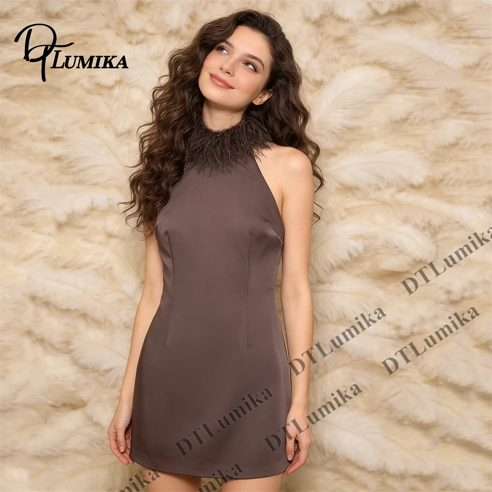 

DTLumika - Brown Halter Neck Mini Dress with Feather Trim Cocktail Party Dress Above Knee Retro Gala Dinner Vintage Dresses