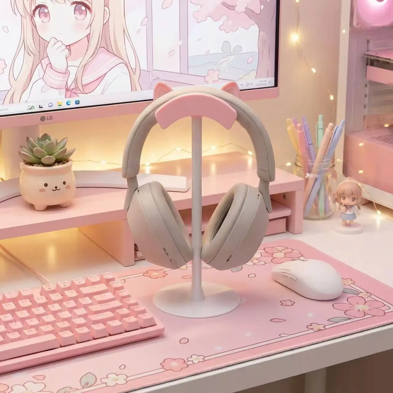 Ins Cute Korean-style Headphone Stand New Girl Pink Gaming Headset Holder Over-ear Hanger Desktop Storage and Display Cute Gift