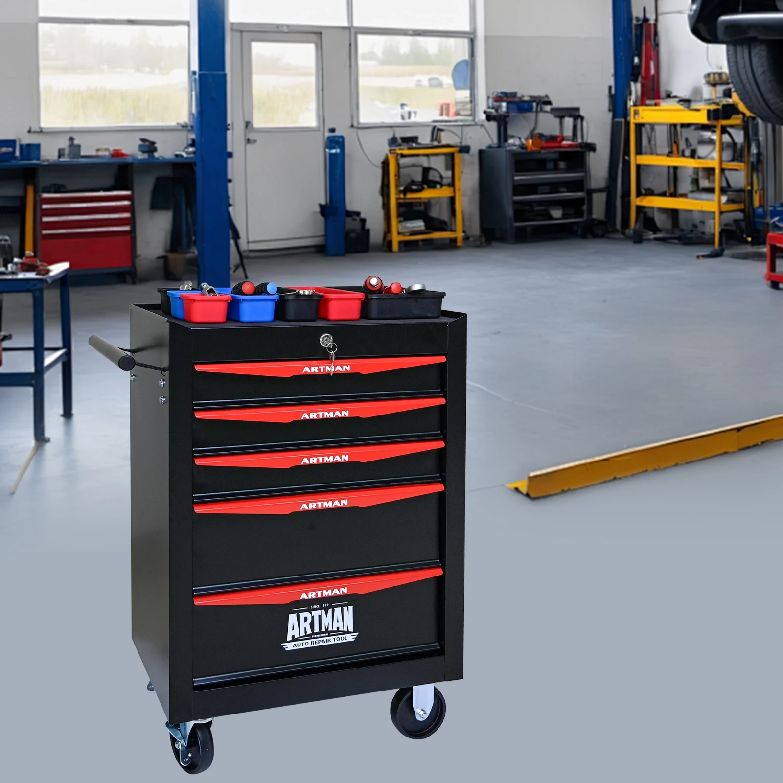 

Металлический ящик для инструментов на колесиках с 5 ящиками, 20-дюймовый ящик для инструментов с 5 ящиками и направляющими для выдвижных ящиков с шарикоподшипниками, стальной ящик для хранения инструментов