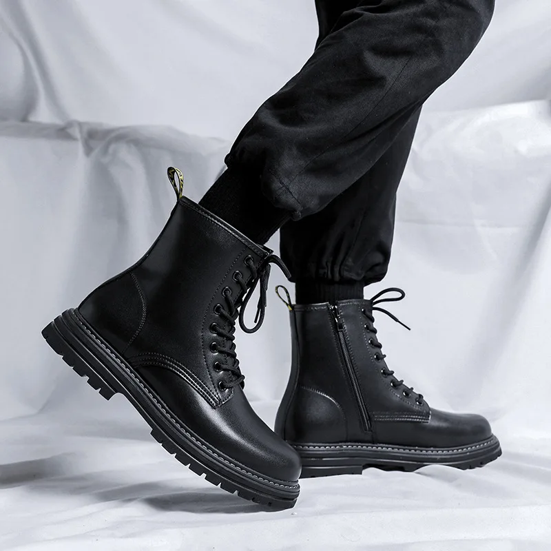 

England style mens fashion genuine leather boots black trend platform shoes cowboy ankle boot handsome spring autumn short botas