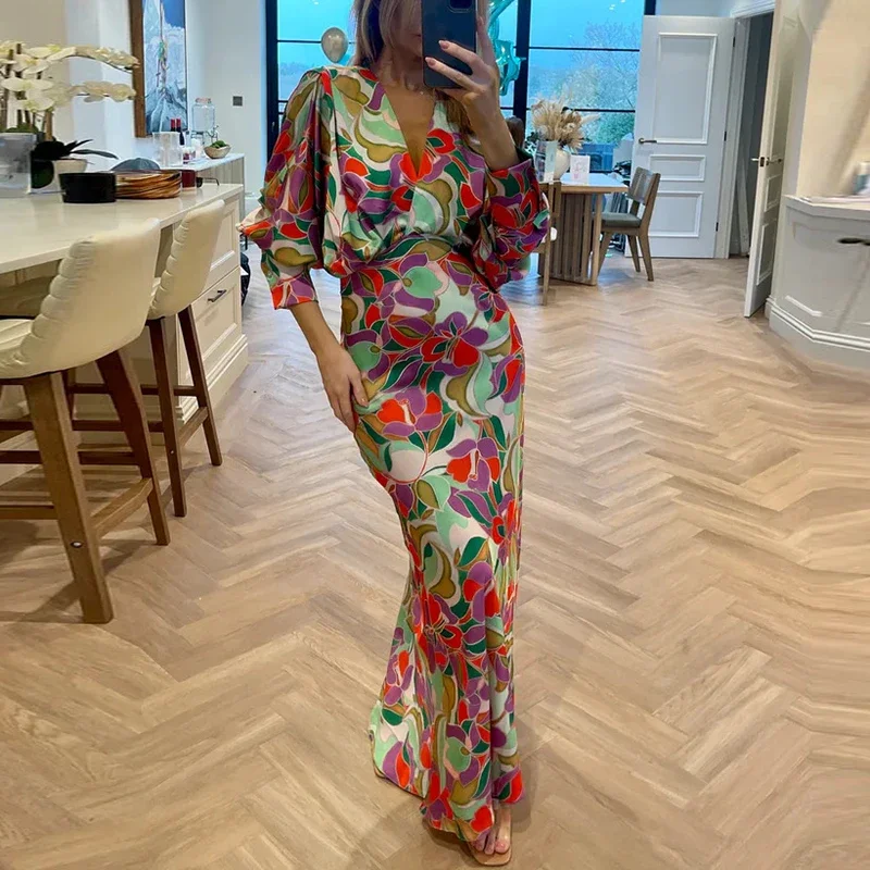 

Casual Draped Maxi Dresses Temperament 2025 V-neck Floral Printed Office Dress Early Autumn Long Sleeved High Waist Party Dress