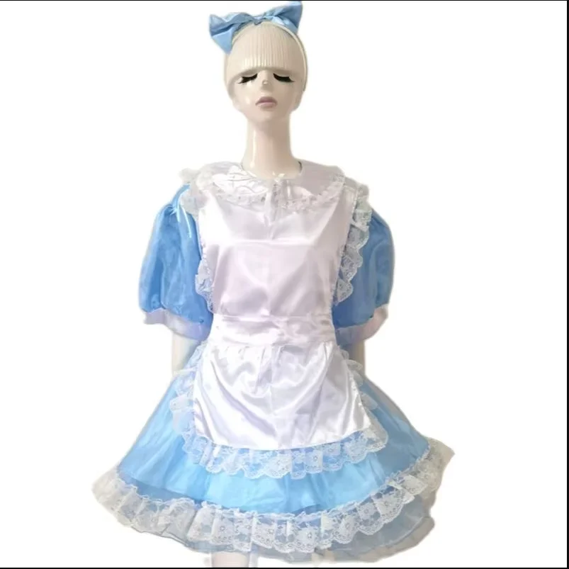 Adult Giant Baby Sexy Girl Blue Thin Satin Sissy Short Sleeve Dress White Apron Japanese Servant Role Playing Gothic Lockable