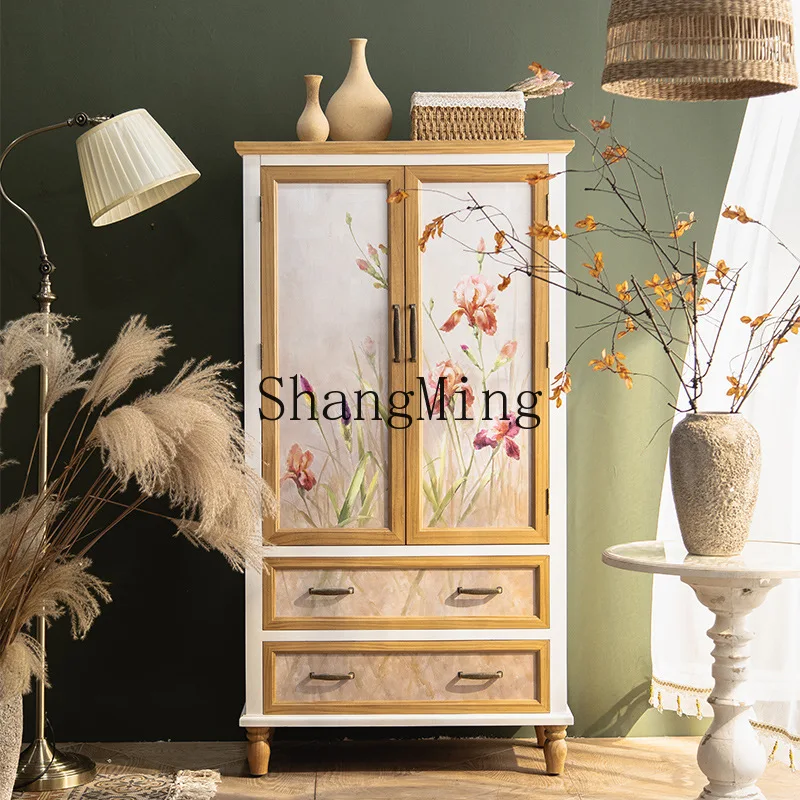 

SM Rural Vintage Entrance Solid Wood Wardrobe Painted Foyer Multifunctional Locker Furniture