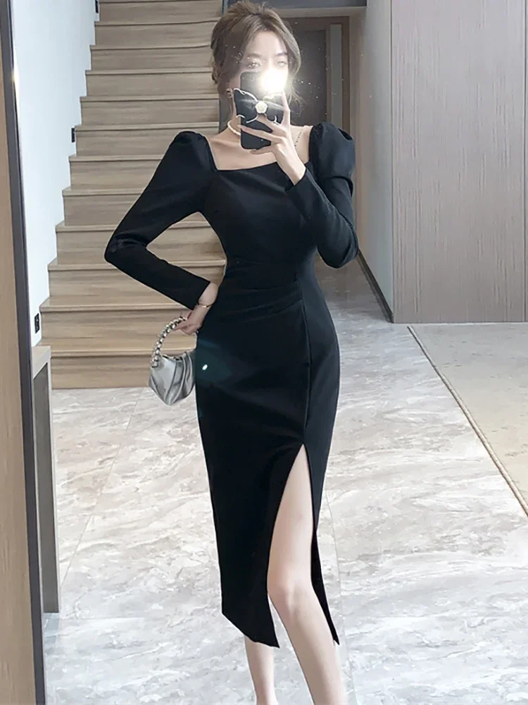 Autumn Winter Purple Long Sleeve Bodycon Prom Dress Women Solid Elegant Chain Square Collar Dress 2026 Korean Luxury Party Dress