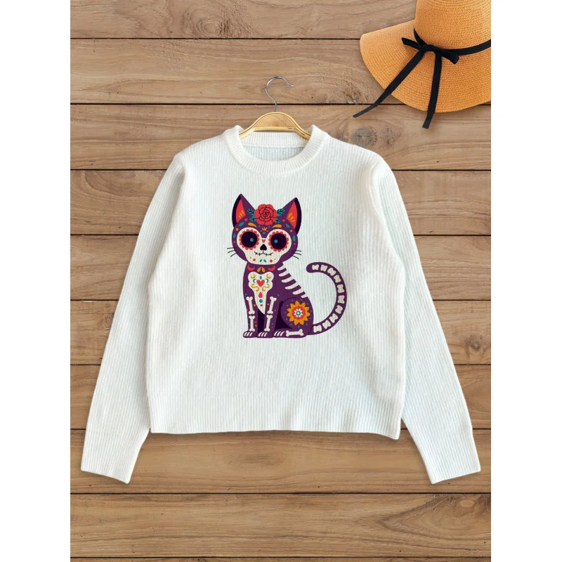 

Halloween Skeleton Puppy Pattern Digital Print Women Sweater Knit Pullover Warm Soft Loose Crew Neck Long Sleeve Autumn Winter