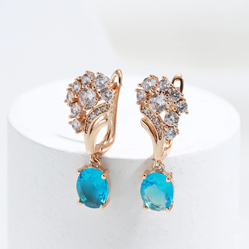 SYOUJYO Sky Blue Natural Zircon Long Dangle Earrings For Women 585 Rose Golden Wedding Luxury Jewelry Gift Accessories