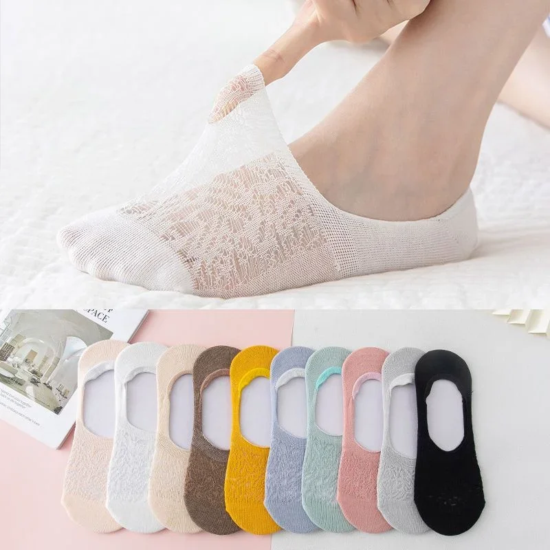 Fashion Non-slip Silicone Lace Ankle Socks Women Invisible Hollow Out Cotton Summer Boat Socks Breathable Short Low Cut Socks
