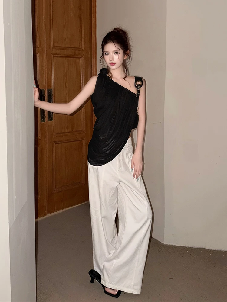 ReddaChic Minimalist Gathering Women Crop Top Elegant Chiffon Rose Applique Draped Slant Shoulder Tank Top Lounge Everyday Wear