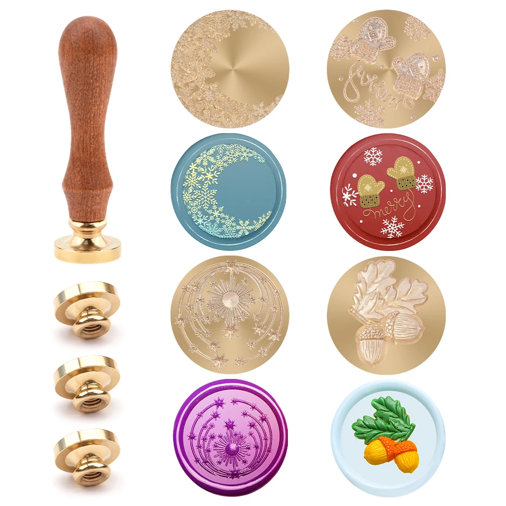 

4Pcs Embossed Wax Seal Stamps and 1Pc Wooden Handle Kit Pinecone Glove Mixed Pattern for Diy Scrapbook Greeting Card Gift Decor