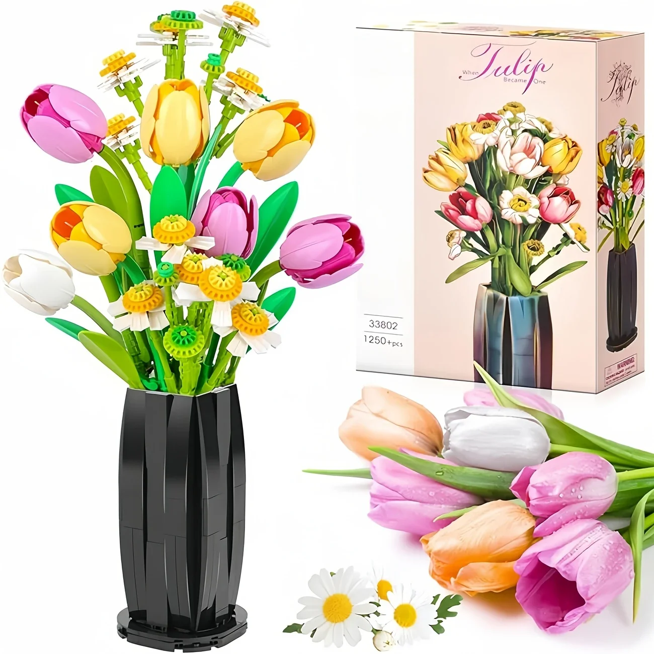 

1250 шт., креативный букет тюльпанов, ваза для цветов, модель, строительные блоки, сборка кирпичей, игрушка, украшение дома, подарок для детей