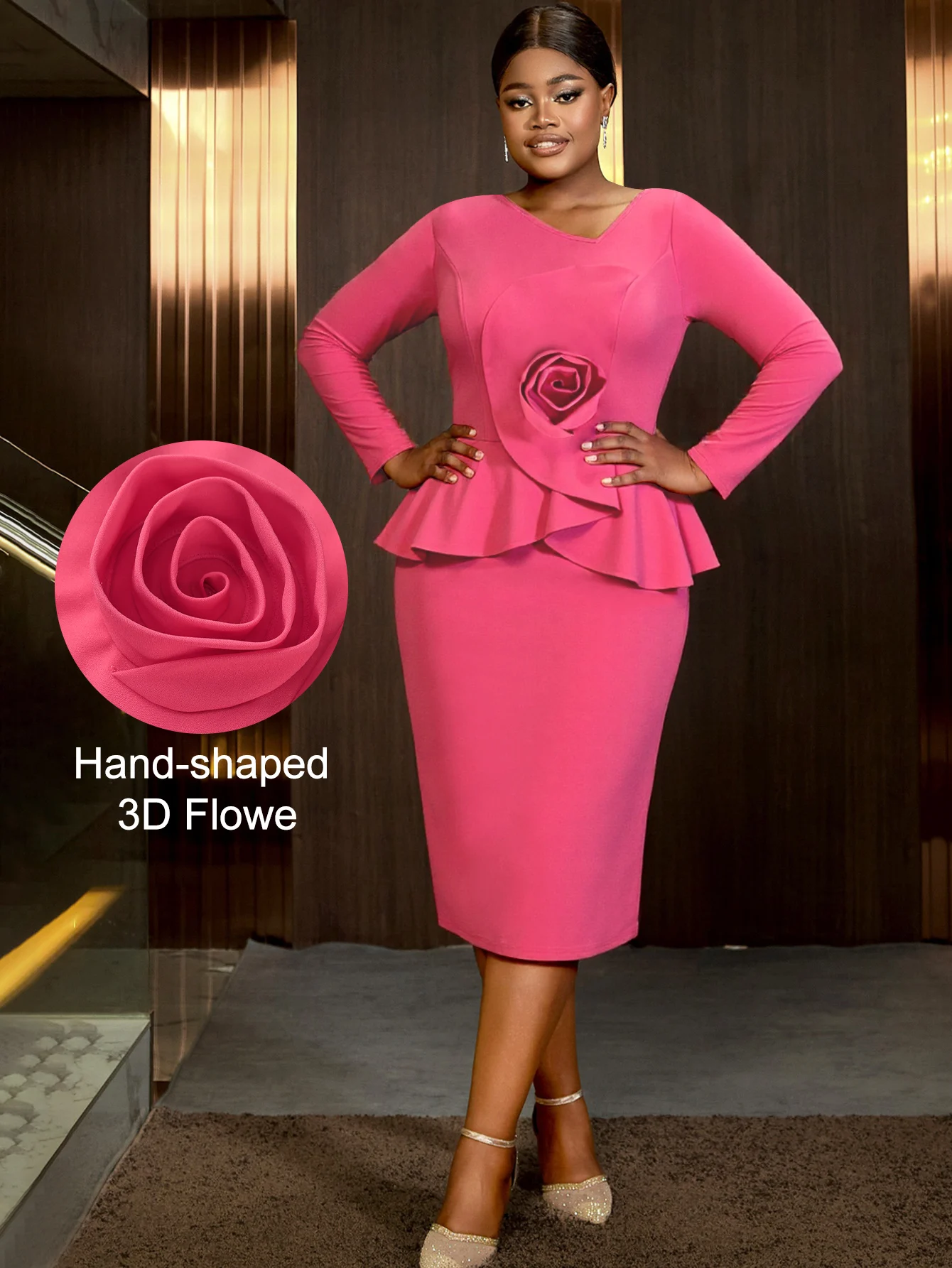 Elegant Church Dresses Long Sleeve Women Skew Collar Peplum 3D