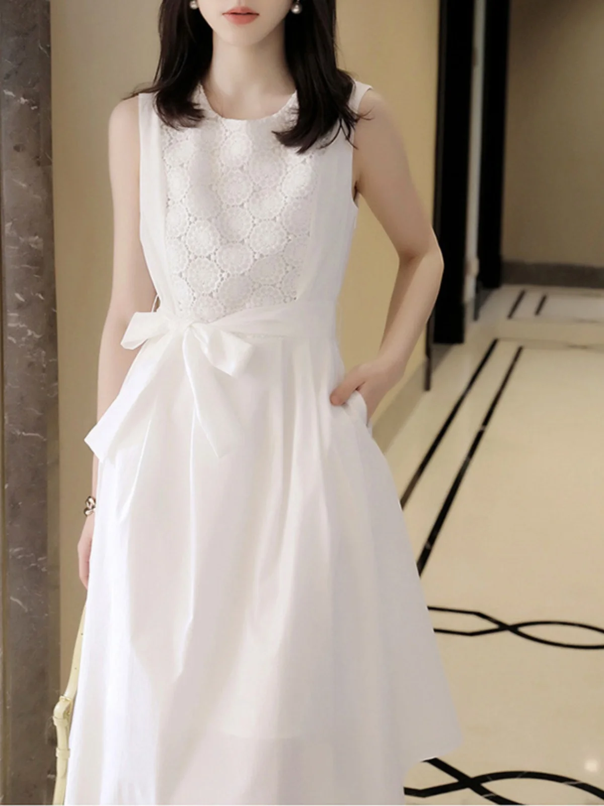 

Белая кружевная круглая рубашка Ne Dr, женская летняя новая юбка трапециевидной формы, полиэстеровая ткань со сборками на талии