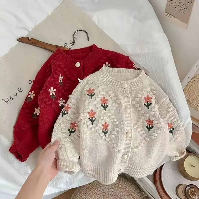 Girls Sweater Cardigan Jacket Fall Winter New Korean Children's Spring Knitting Thickened Top Round Neck Knitted Sweater