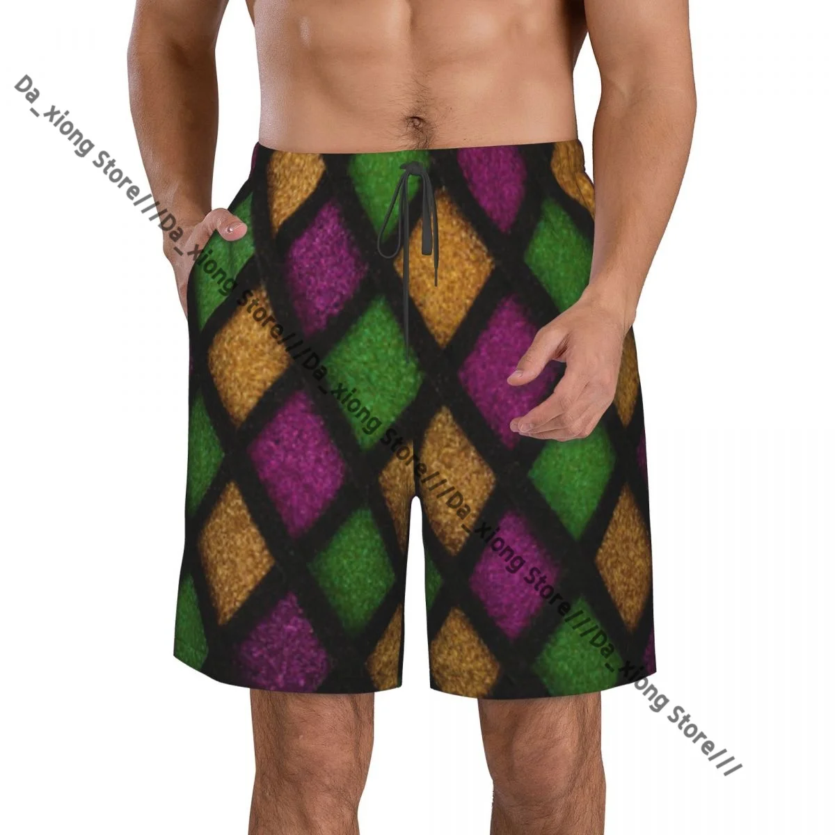 Men Beach Short Quick-drying Swimming Trunk Paillettes Diamonds Mardi Gras Background Swimwear Swimsuit Bathing Shorts
