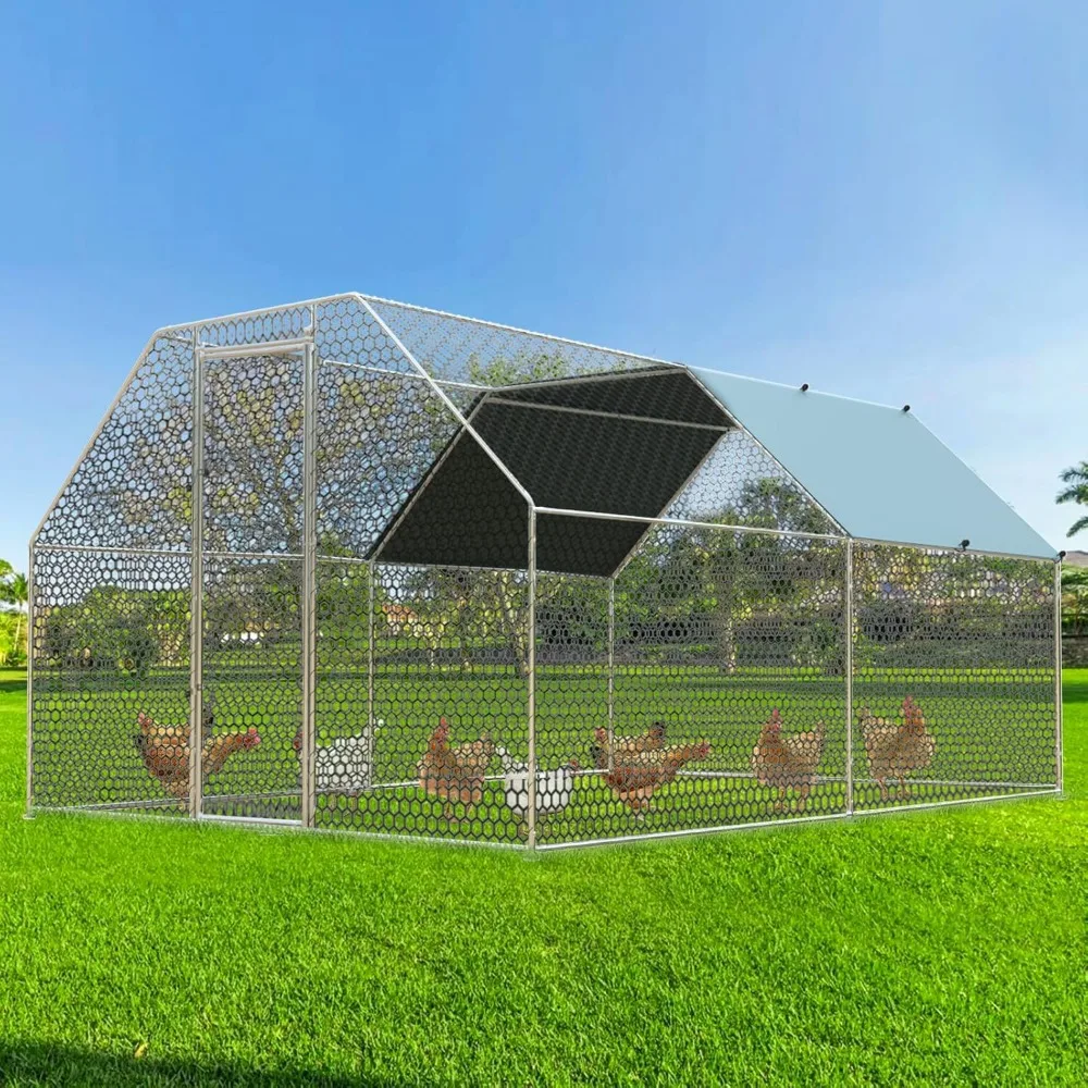 

Chicken Runs for Yard with Cover, Large Metal Chicken Run Walk in Metal, Outside Dog Kennel with Roof, Flat Roofed Outdoor Kenn