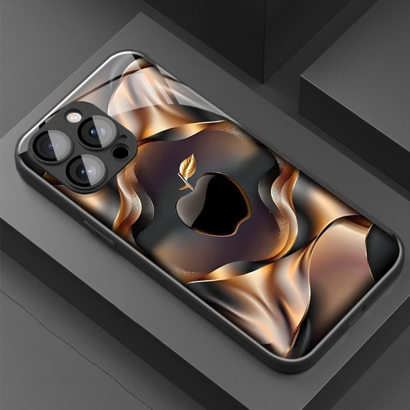 

Black Golden For Apple Pattern Tempered Glass Material Phone Case For Samsung Galaxy S25 S24 S23 Ultra Plus FE Shockproof Cover