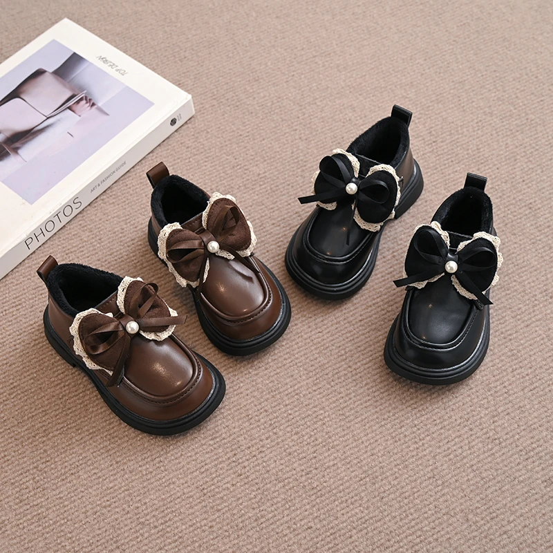 

Children Winter New Warm Non-slip Plush Leather Cotton Casual Shoes Cotton Thick Sole Bowknot Kids Girls Warm