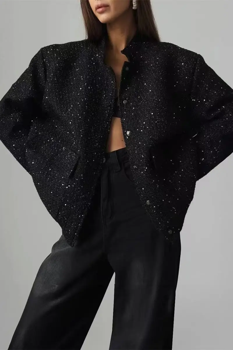 

​​2025 Luxe Boucle Twist Bomber Cropped Sequin Embellished Jacket Women Stand Collar Oversized Airy Silhouette Fall Spring​​