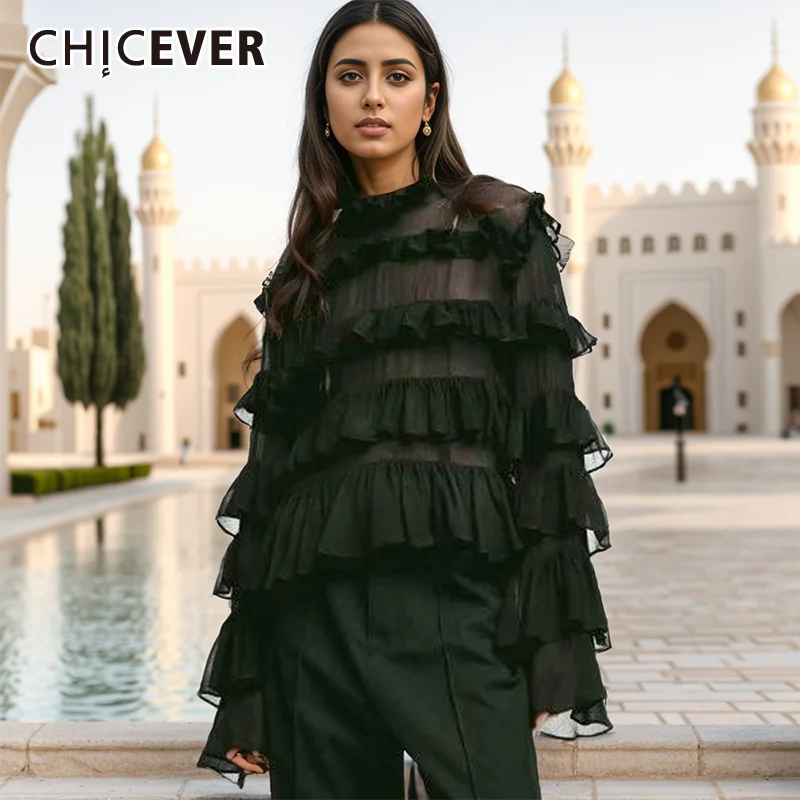 

CHICEVER Casual Solid Patchwork Ruffles Blouses For Women Stand Collar Long Sleeve Sheer Loose Shirts Female Autumn Clothes New