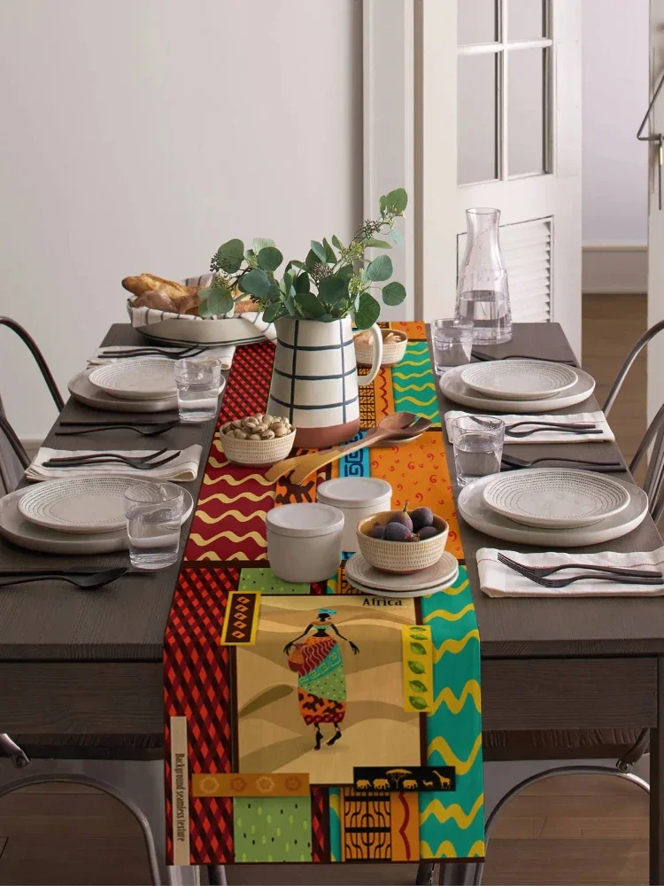 African Girl Linen Table Runner for Dining Table Wedding Decoration Reusable Farmhouse Dining Table Runners Kitchen Party Decor