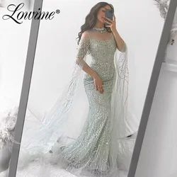 Mint Green Cape Sleeve Prom Dress Arabic Evening Dresses 2024 Custom Made Women Pearls Beaded Mermaid Formal Prom Party Dress