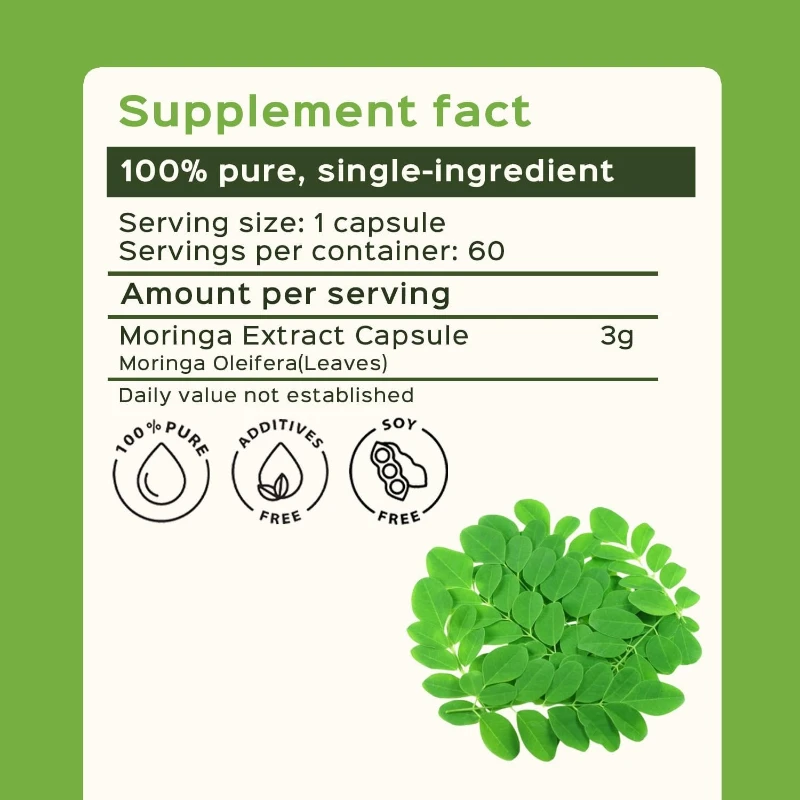 Pure Moringa Leaf Extract Vegetable Capsules 1000mg. Natural Herbal Supplements. Energy Support
