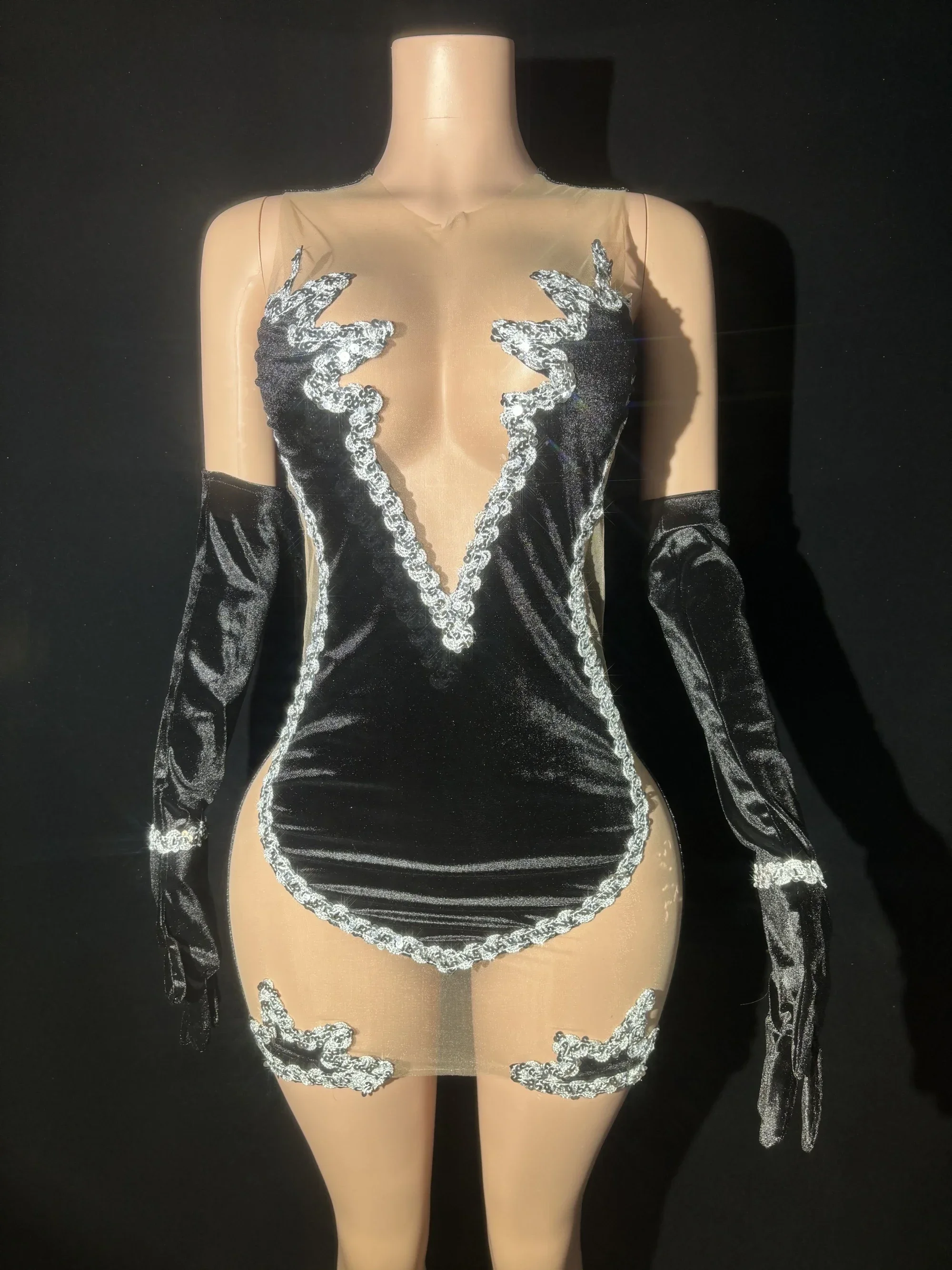 Black Velet With Gloves Sexy See-Through Sheath Evening Party Nightclub Performance Costume Bar Singer Stage Wear Mini Dress