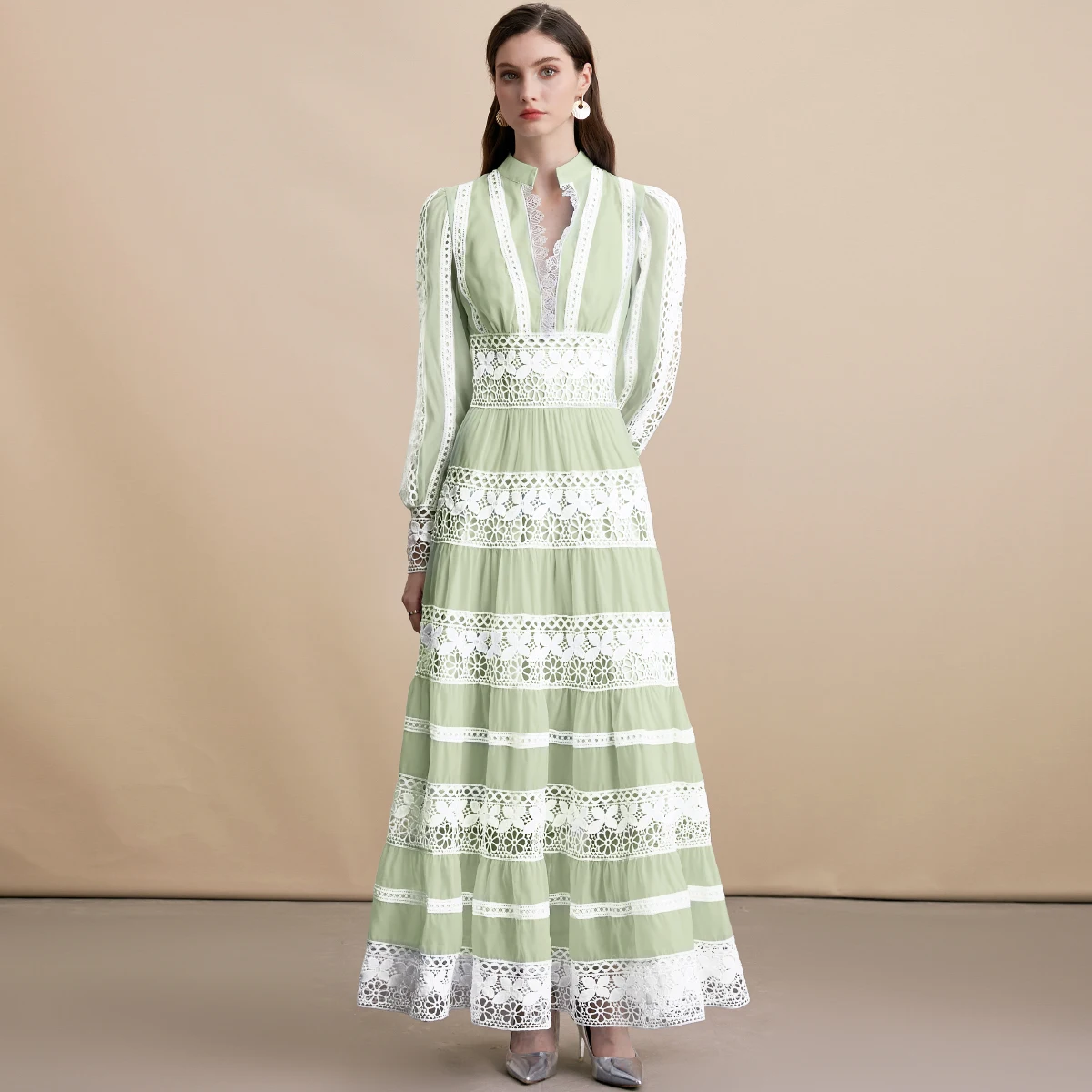 Ladies Boho Lace Panel Dress Lantern Sleeve Button Front Midi Length Summer Beach Holiday Flowy Casual Sundress
