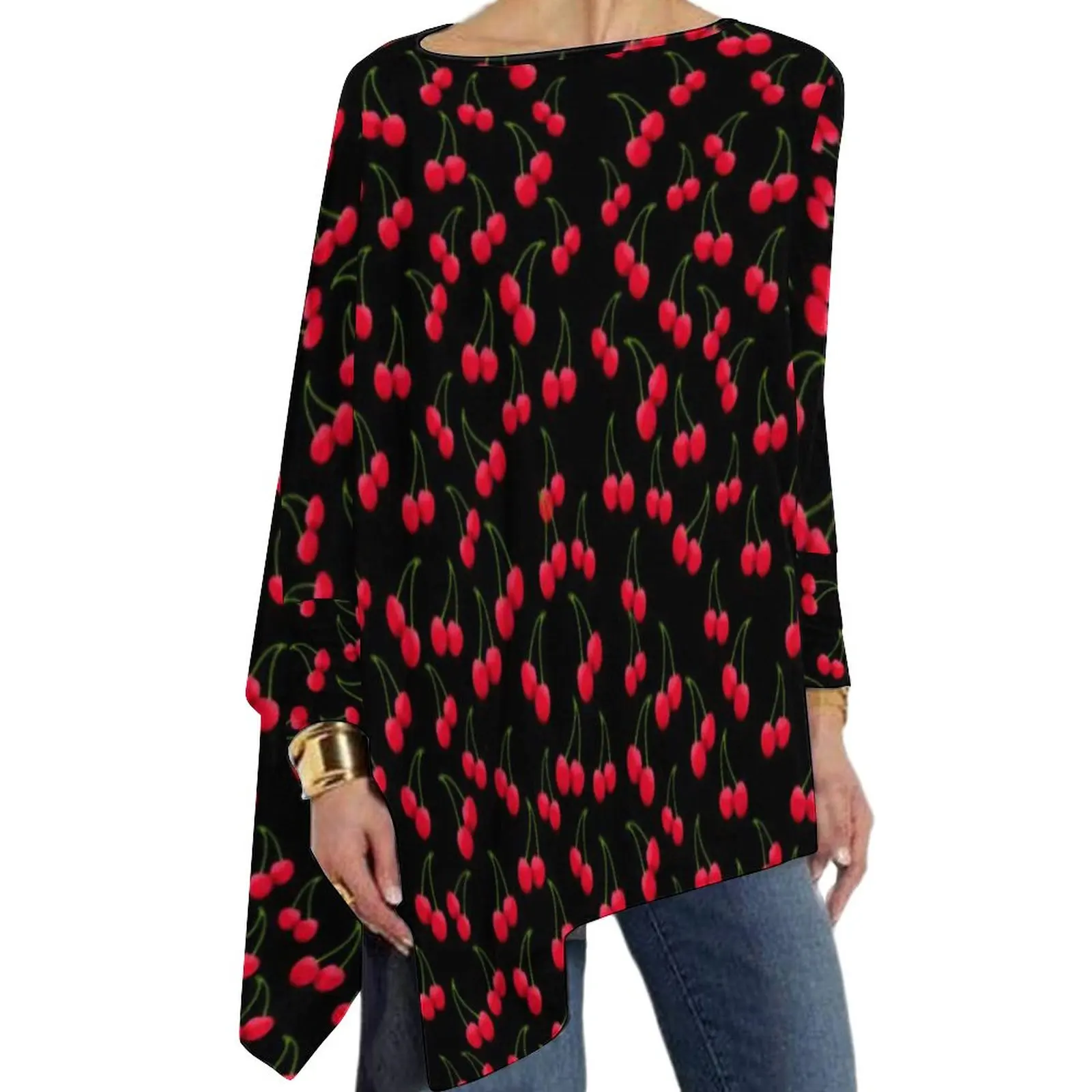 Cherry Jubilee T-Shirt Red Fruit Print Modern Long Sleeve T Shirts Ladies Loose Tee Shirt Oversized Design Top Tees