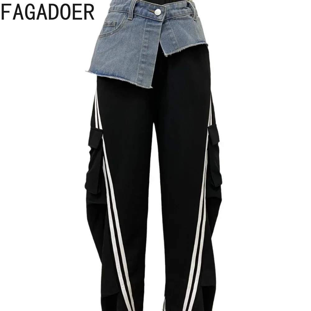 FAGADOER Fashion Wide Leg Pants Women Denim Patchwork Pocket High Waist Loose Jogger Pants Hot Girl Sweatpant Streetwear Bottoms