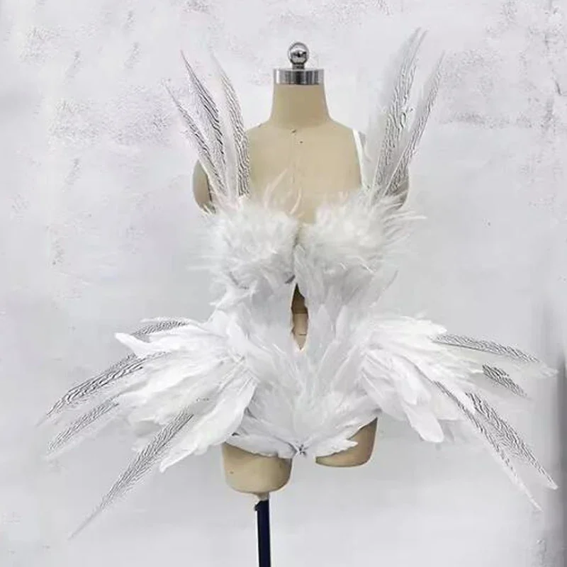 Women Party Pole Dance Outfit  Gogo Dance Costume Feather Bodysuit Nightclub DS  Stage Rave Wear