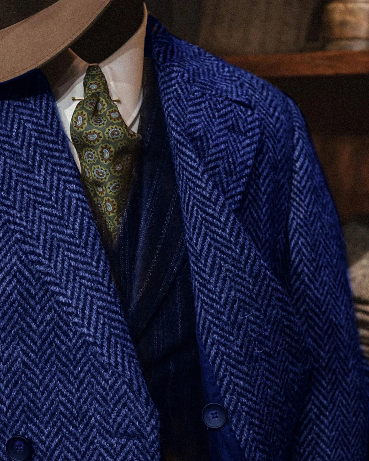 Classic Navy Blue Herringbone Tweed Double-Breasted Overcoat with Flap Pockets Men Autumn Vintage Long Coat Customized M-M10159