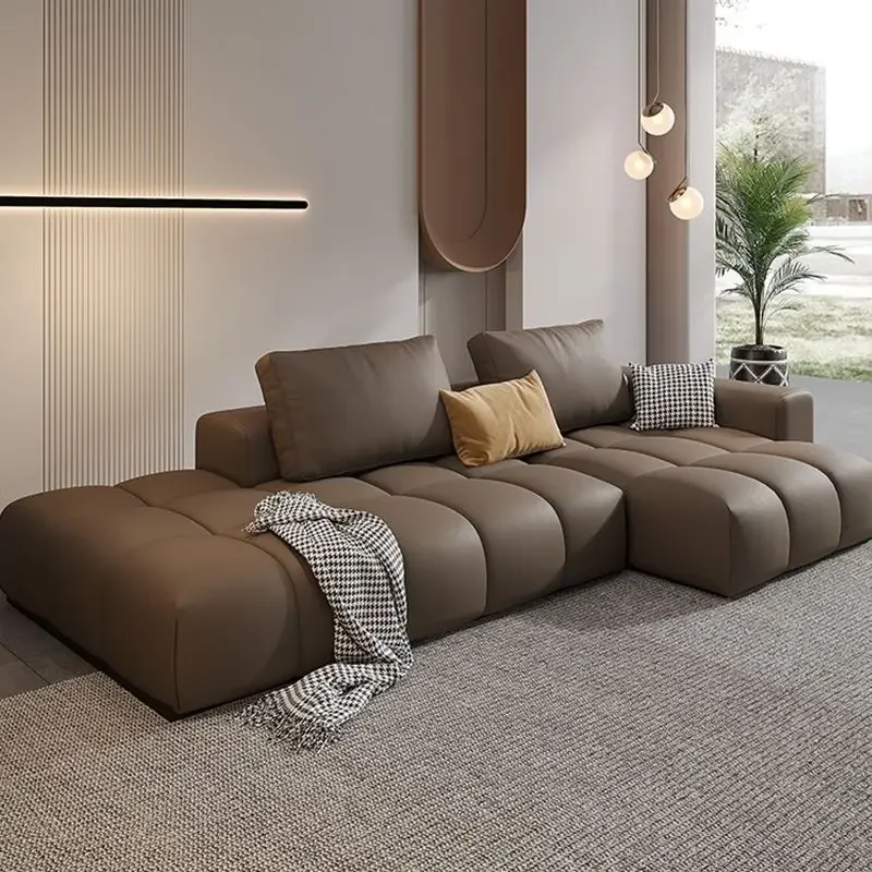 Italian pixel leather sofa, living room first layer cowhide cream wind straight row sofa
