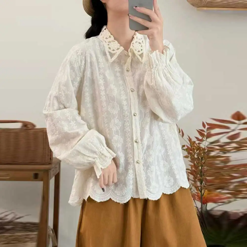 

Women Autumn New Sweet Mori Girl Solid Color Embroidery Cotton Shirts Turn Down Collar Long Sleeve Casual Loose Blouse Tops