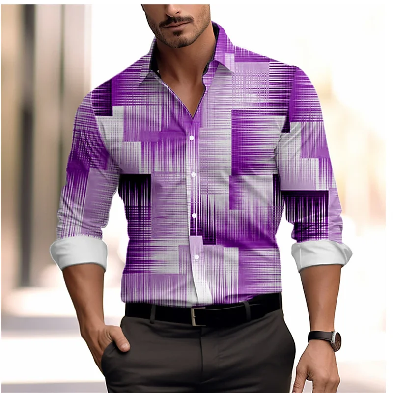 Fashionn New Men\'s shirt color block  purple outdoor street long sleeve button clothing fashionable design casual breathable Top