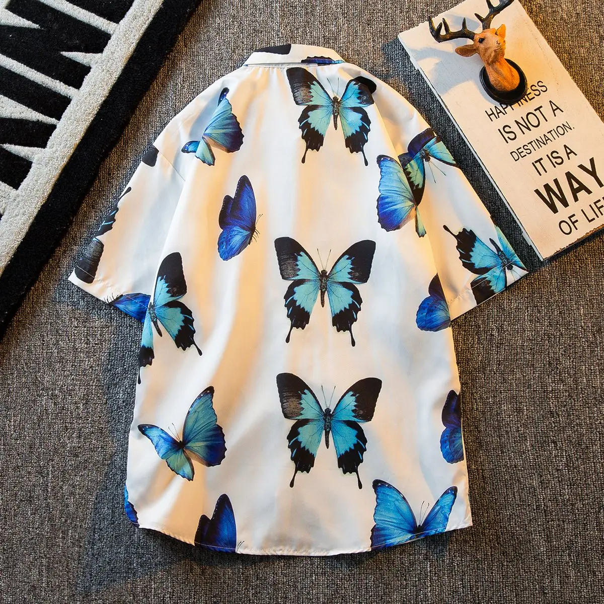 Men's new summer floral shirt men's high-end butterfly printed loose fitting shirt shirts for men